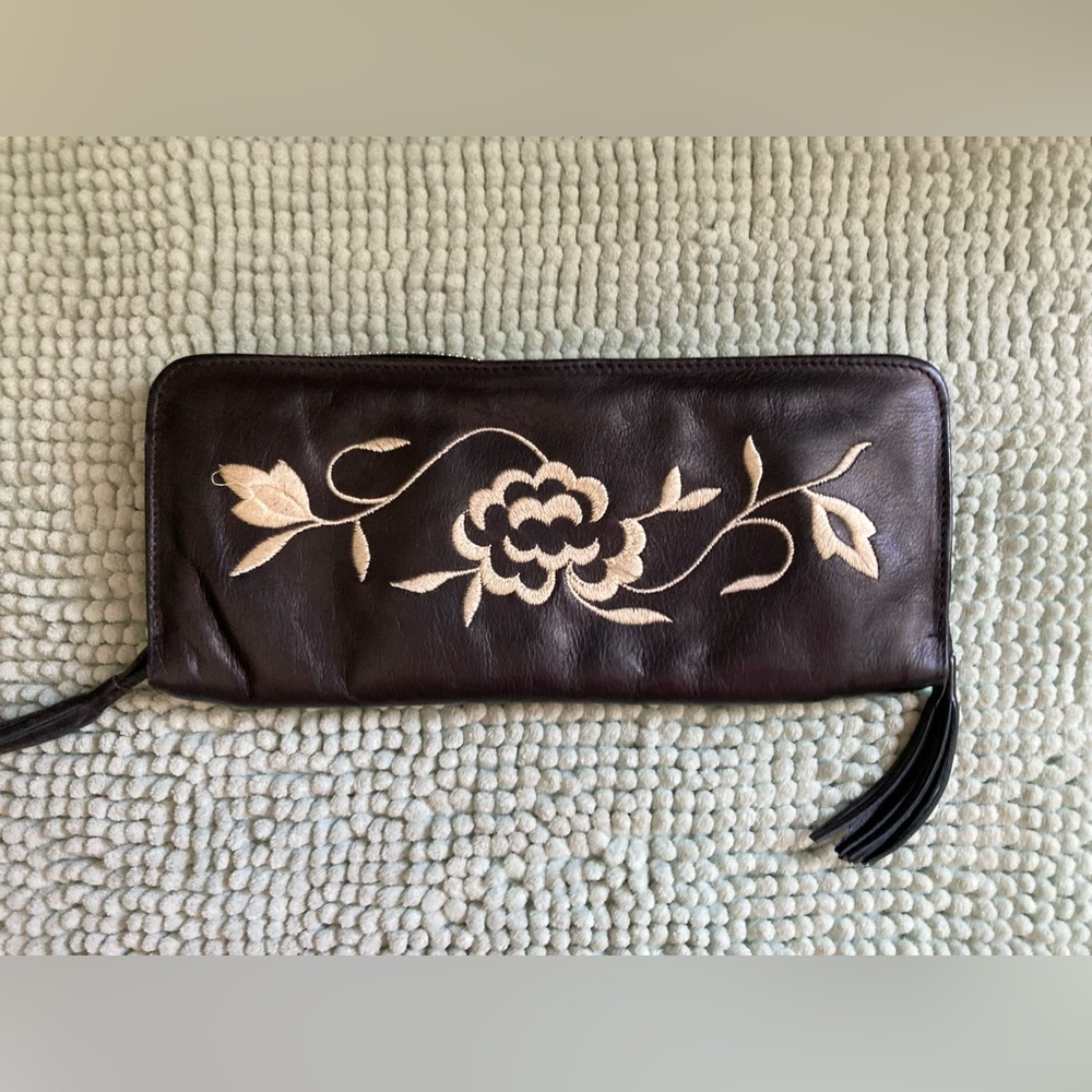 Jennifer Scott Embroidered Black Leather Clutch